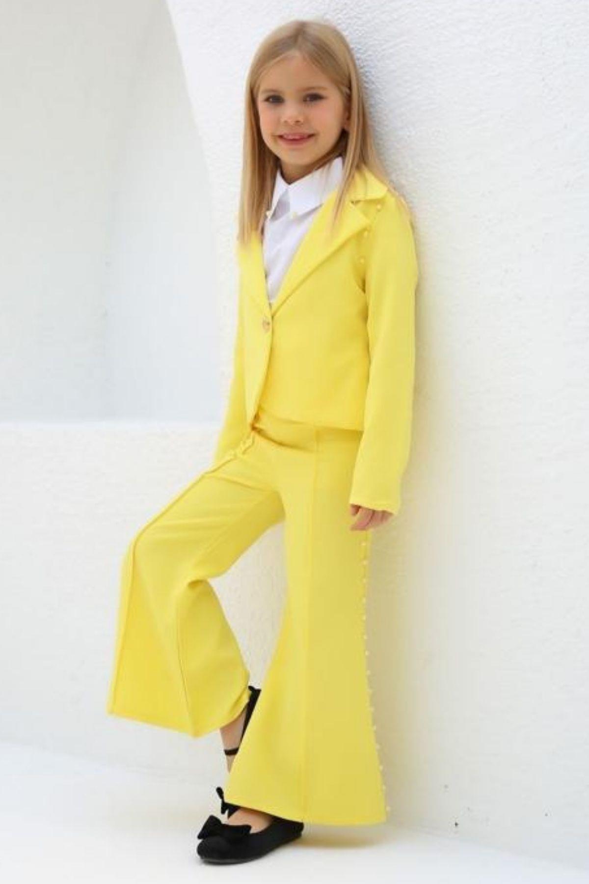 

Girl s Pearl Detailed Jacket Baby Collar Short Sleeved 3 Pieces Yellow Top and Bottom Set 3-6 Years