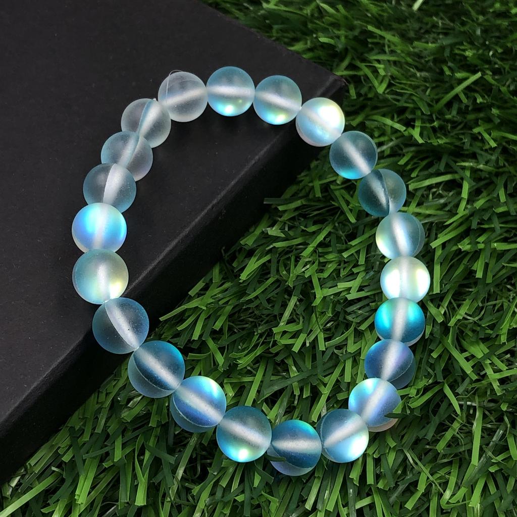 Náramek z korálků 8mm Přírodní Matný Aura Křemen 7.5" Ručně vyráběný Aqua Modrý Matný Pružný Unisex Dárek RBB-86