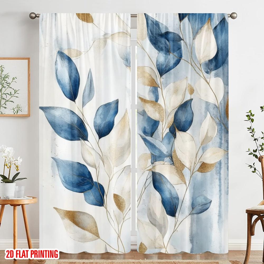 2pcs  2D plane printing Window Curtain Blue Serenity Leaves Versatile Polyester Fabric (without rod) Versatile All for Bedroom