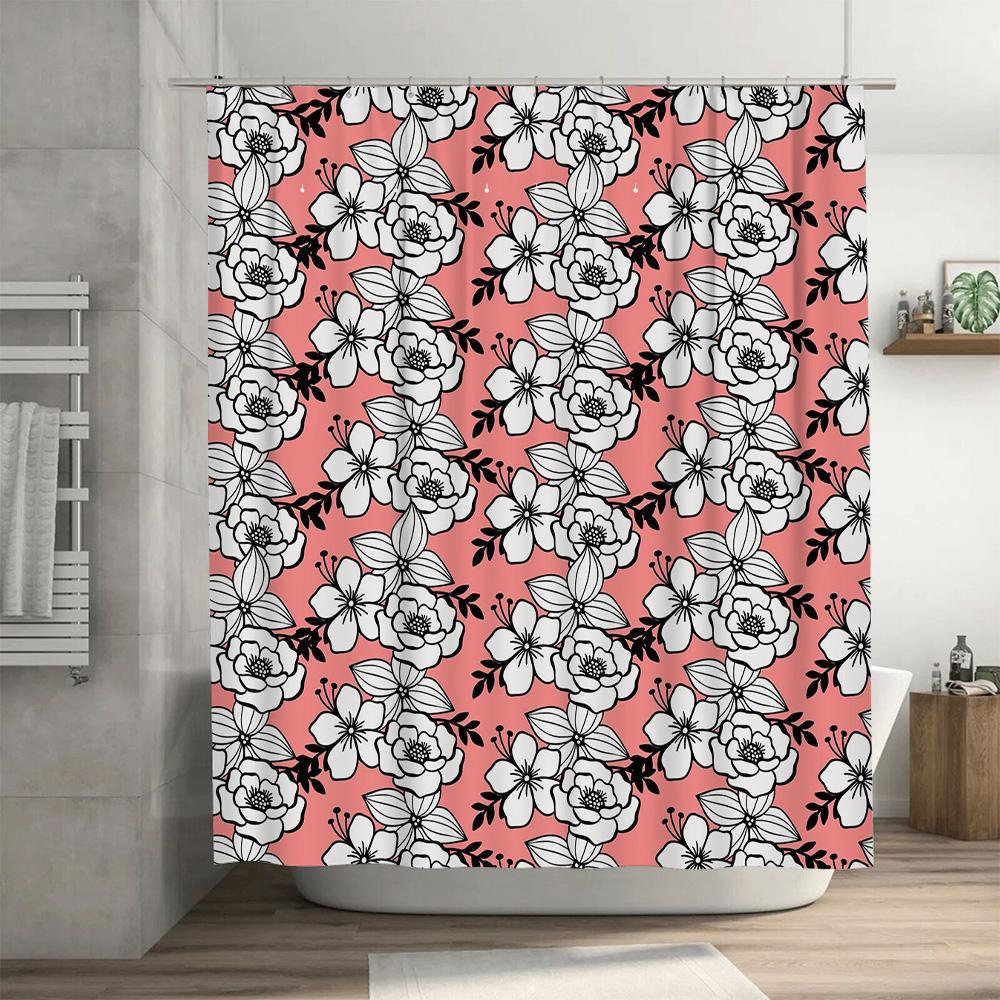 Pink Floral Shower Curtain Modern Bath Decoration for Bathroom, Extra Long Waterproof Printed Bathroom Rug Cover 6 Hooks