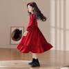 Girls Long Sleeve Dress Red Vintage Square Neck Princess Style Kids Clothing