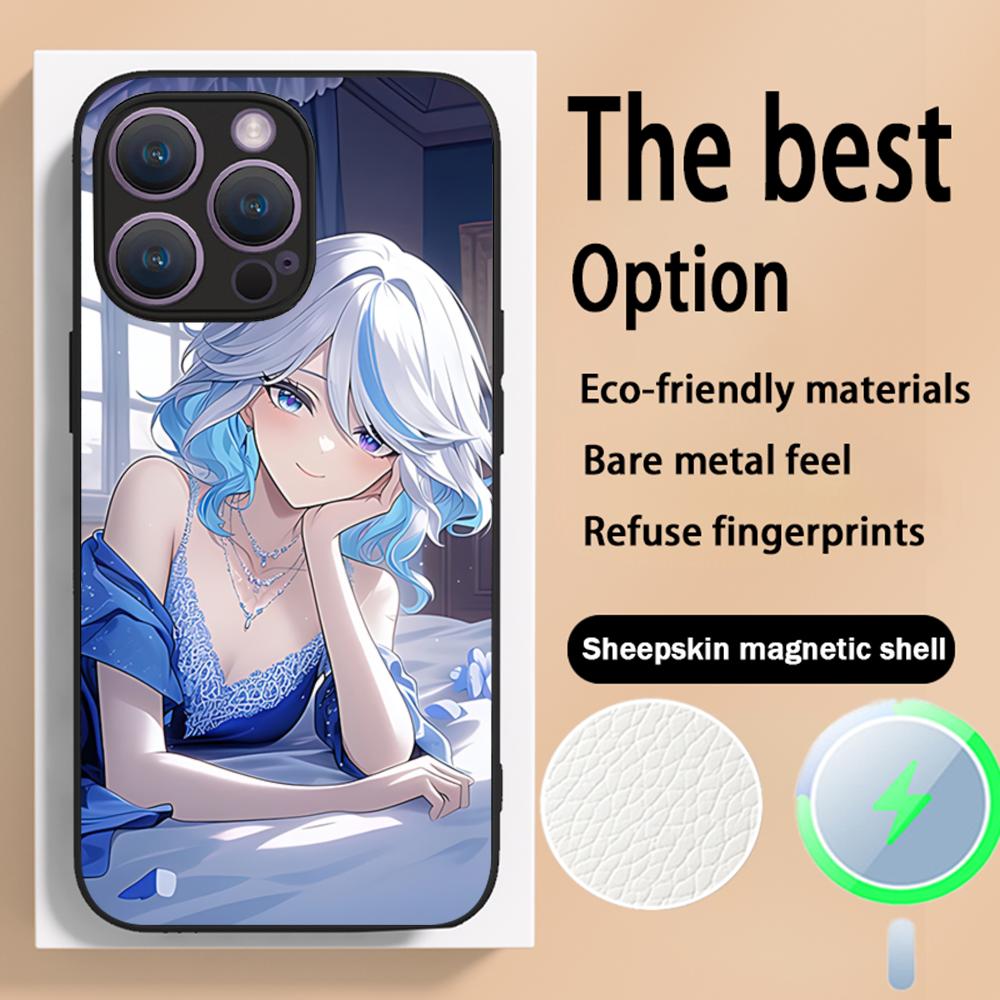 Genshin Furina game girl pattern Phone Case For iPhone 16 15 14 13 12 11 Plus Pro Max High-end Luxury Magsafe Sheepskin