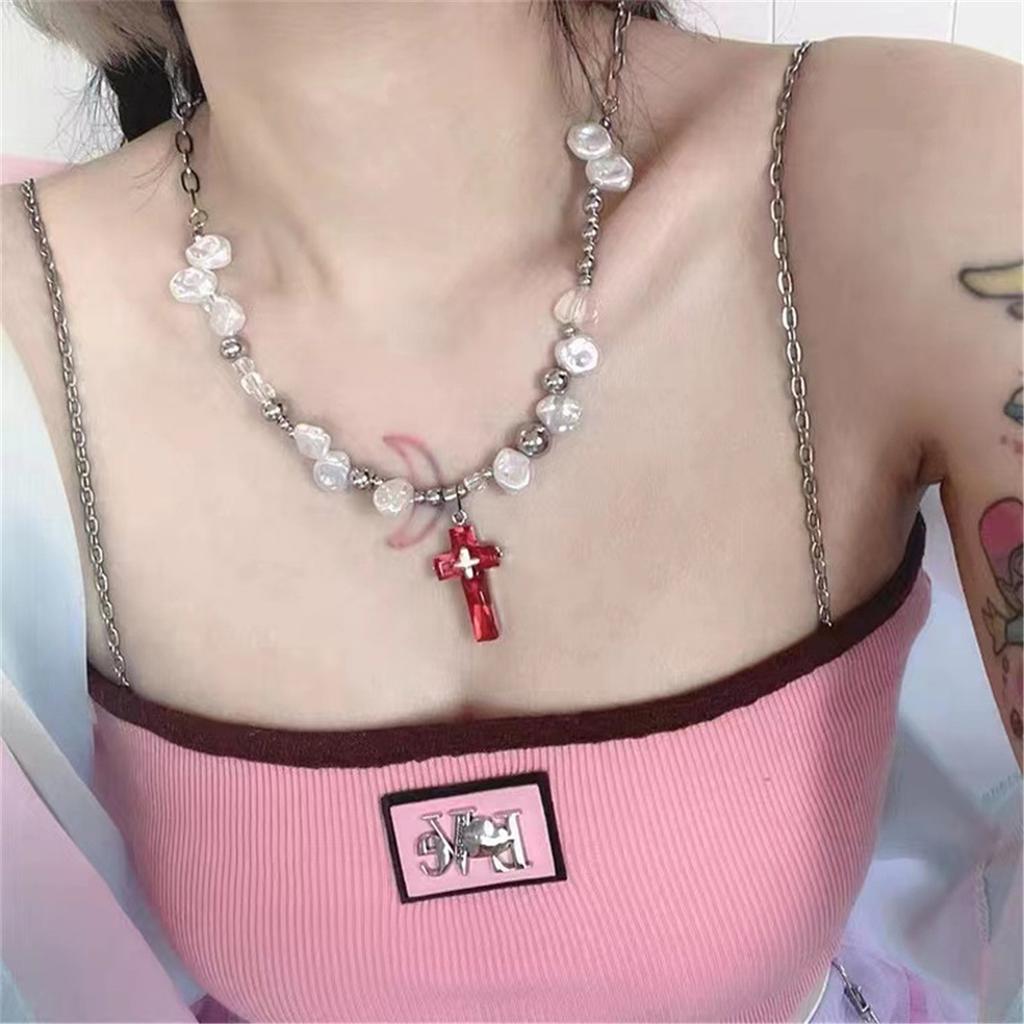 Tooxika Sweet Cool Hottie Pearl Cross Necklace Men's And Women's Hip Hop Personalised Dark Collarbone Chain