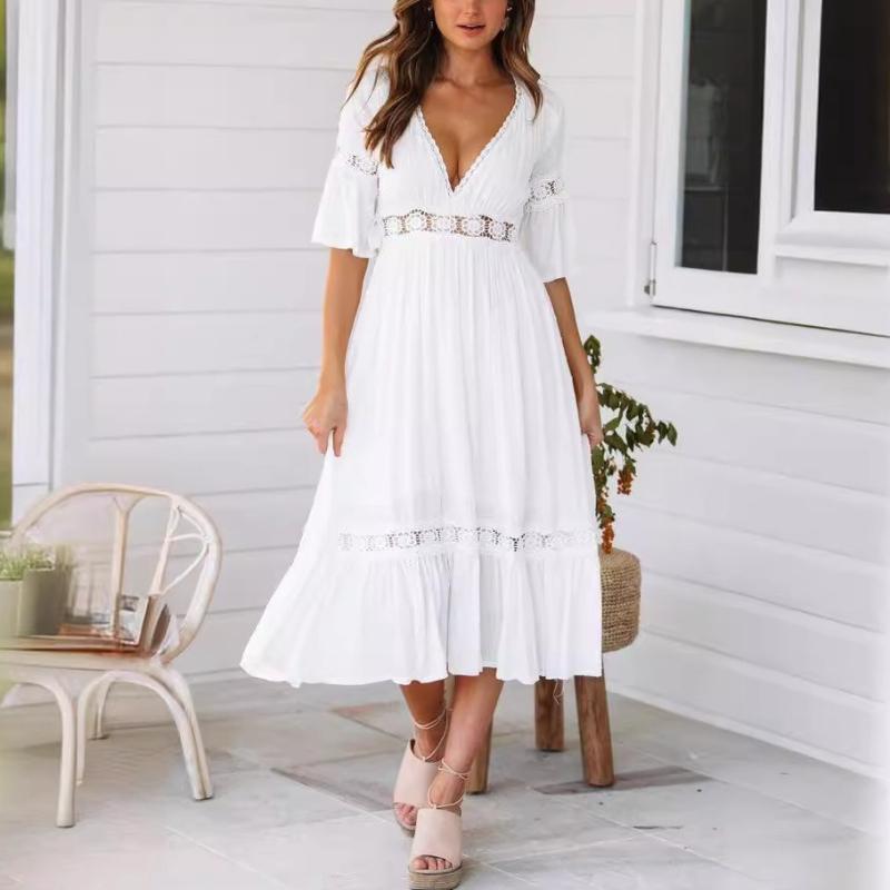 

Spring/Summer Women s Fashion Deep V-Neck Lace Patchwork Dress XL білий
