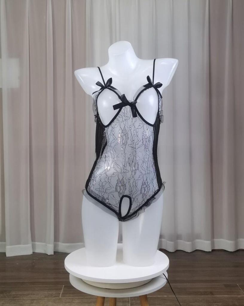 European & American Lace Mesh Camisole Bodysuit: Sexy Silver Thread Lingerie Set.