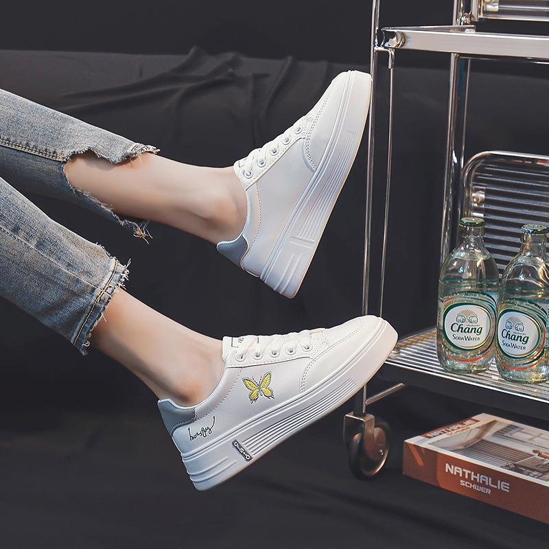 Spring New Versatile Leather Surface Waterproof Women's Student Butterfly Board Shoes Lace-up Versatile White Shoes Women