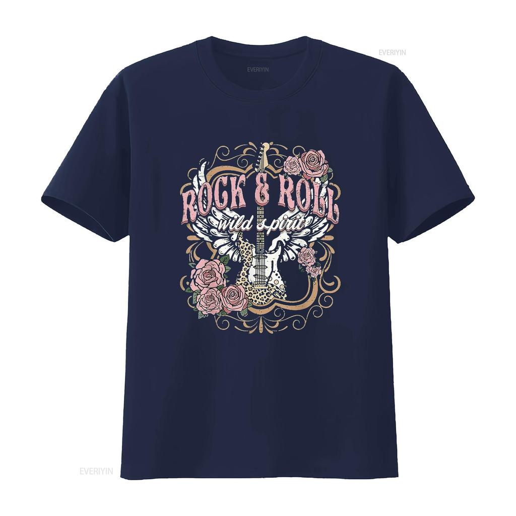 Damen Rock And Roll Wild Spirit Boho Engelsflügel Floral Gitarre T-Shirt Schwarz vintage Gewaschenes Oberteil Für den Alltag Dehnbar
