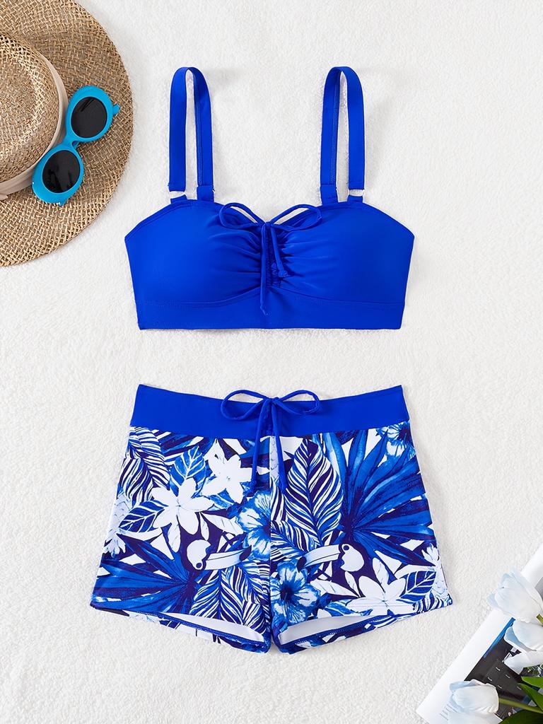 Bikini de Dos Piezas con Estampado de Bloques de Color de Moda con Cordón en el Pecho y la Cintura Moda Para Vacaciones