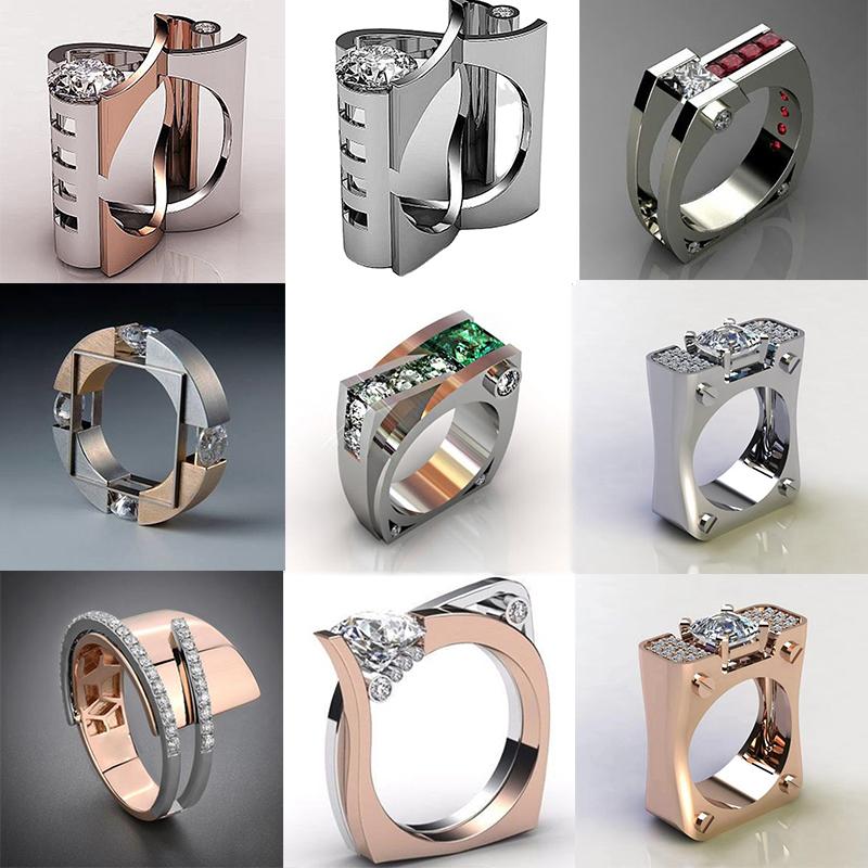 Creative Silver Color Rhinestone Finger Ring for Women Men Personality Wedding Ring Two-tone Square Zircon Hip Pop Ring Jewelry
