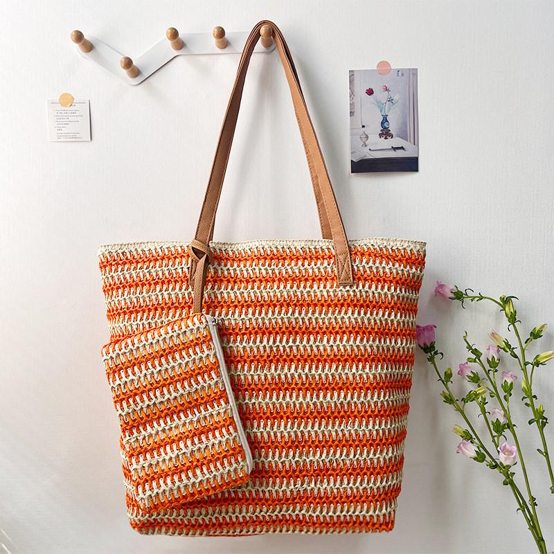 Woven Straw Tote Bag With Zipper Closure For Casual Travel And Summer Outings