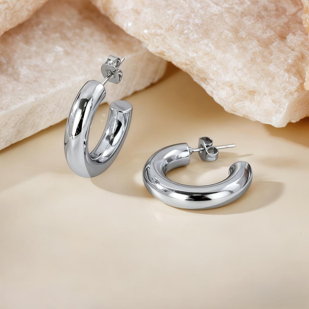 1 Pair Stylish Exquisite Circular Geometric 304 Stainless Steel C Shaped Hoop Earrings For Women Men Jewelry Gift