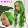 AIMEYA New Green Long Body Wave Wig Synthetic Lace Front Wig for Women Natural Hairline Daily Use Heat Resistant Fiber Hair