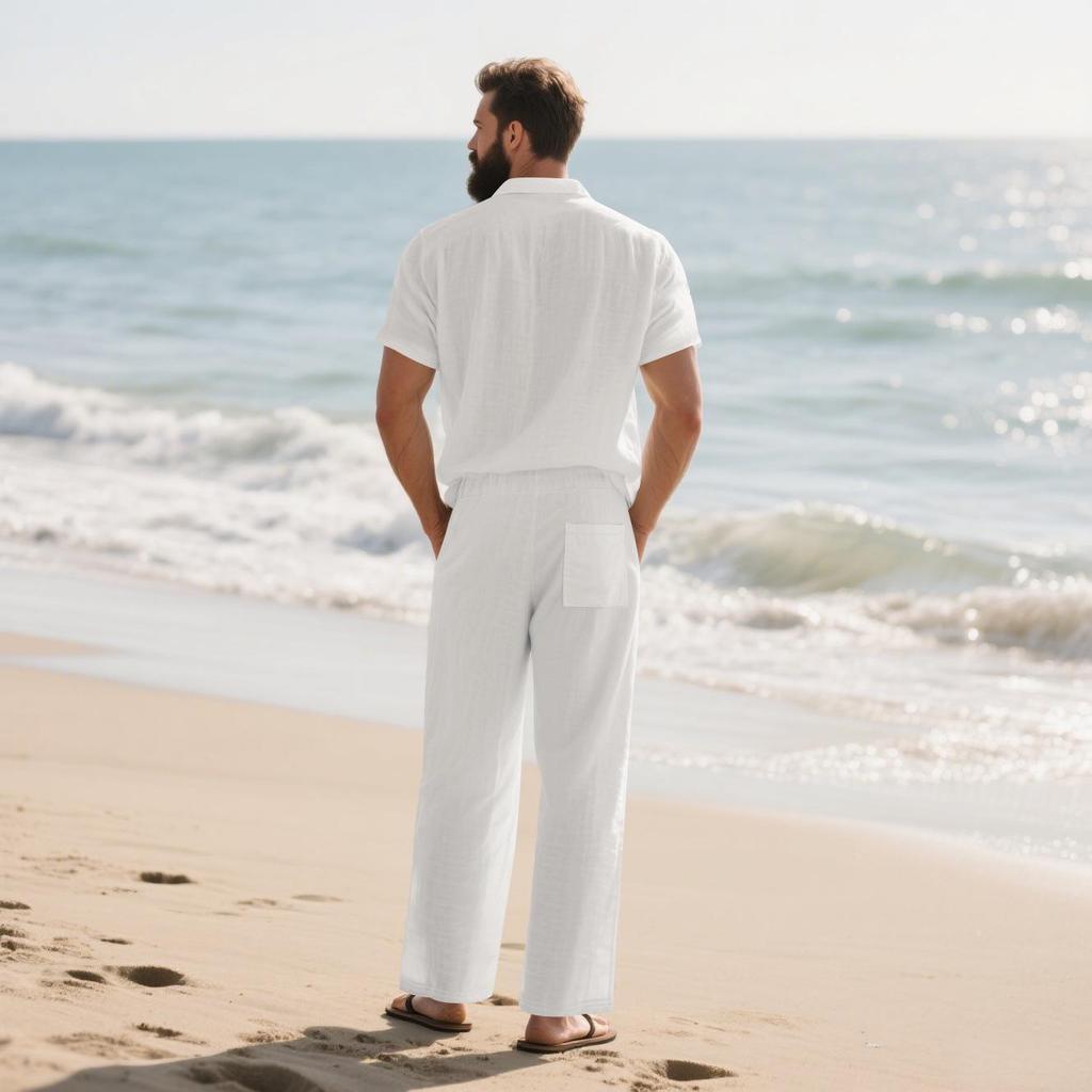 Men's European and American Casual Linen Short-Sleeve Shirt & Long Pants Set