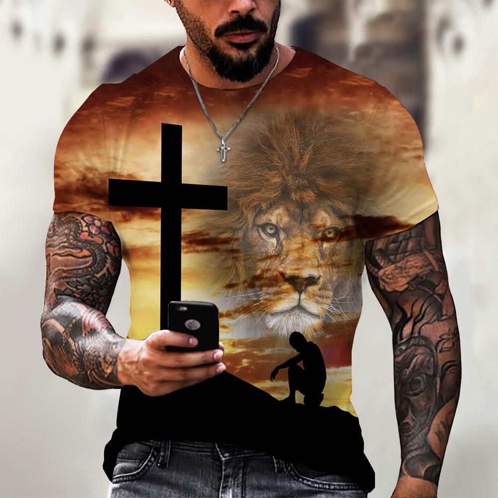 Jesus-Muster Löwe 3D-Druck Sommer Herren O-Ausschnitt T-Shirt Lässig Kurzarm Oversized Pullover Mode Streetwear Herrenbekleidung