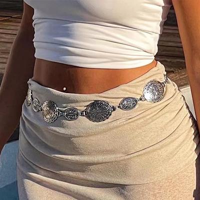 Retro Style Women'S Metal Waist Chain Adjustable Decorative Circle Carved Chain Belt High Style Accessories
