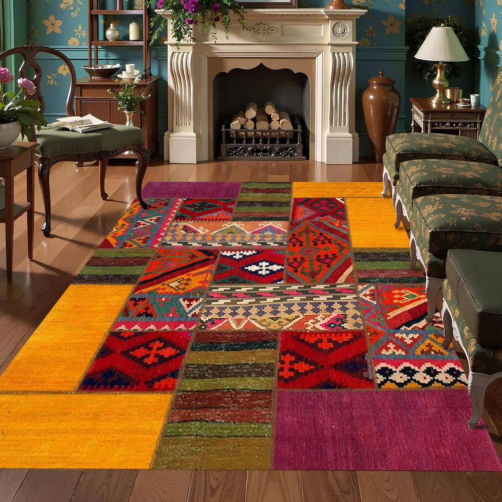 

Ethnic Style Patchwork Grid Carpet Creative Farmhouse Porch Doormat Warm Living Room Bedroom Decoration Rug 40x60cm