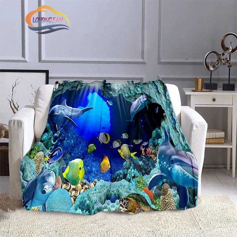 Marine Life Blanket Fashion Marine Organism Oceanic Dolphins Flannel Quilt Cover Travel Bedding Throw Bedspread