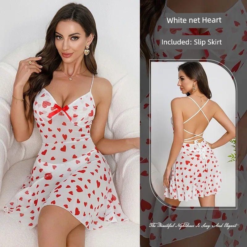 

2025 Fashion Style Sexy Open Back Mesh Nightdress/Heart Shape Printed Suspender Skirt/Sexy Seductive Date Skirt White net Heart L