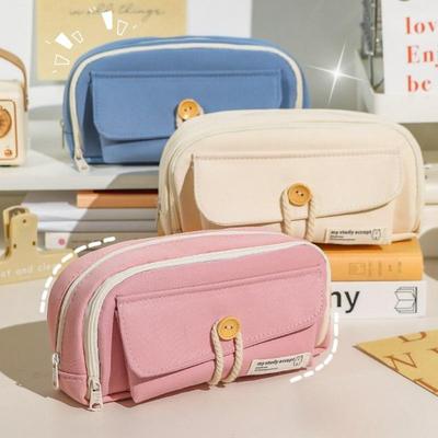 Korean Style Minimalist Solid Color Pencil Case Student Large-capacity Layered Pencil Bags Multi-functional Storage Supplies