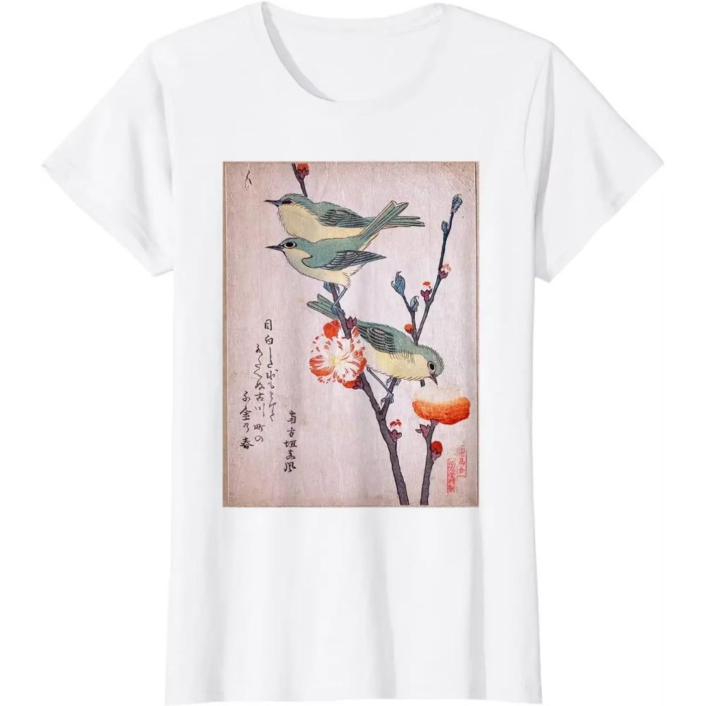 Japanese Art Birds on Cherry Blossom Classic T-Shirt Cotton Casual Four Seasons Daily Tees Streetwear Hombre Aesthetic Shirts