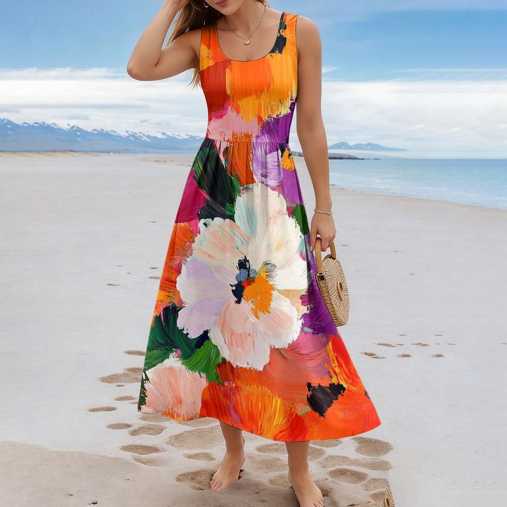 Ladies' floral summer casual and fashionable sleeveless long dress