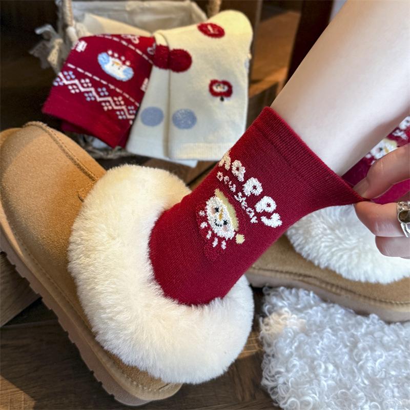 Woolen Socks for Women, Thick and Warm Mid-calf Socks for Autumn and Winter, Little Snowman Cartoon Versatile Long Socks