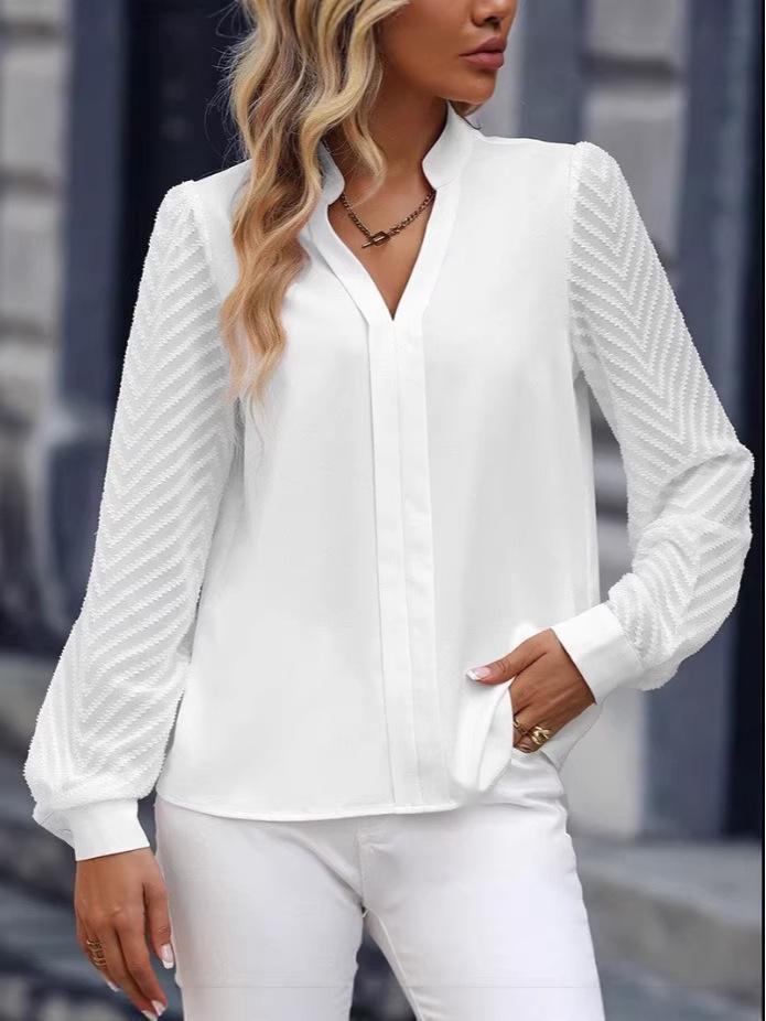 2023 European Spring-Summer Women's Patchwork Chiffon Long-Sleeve Solid Color Shirt