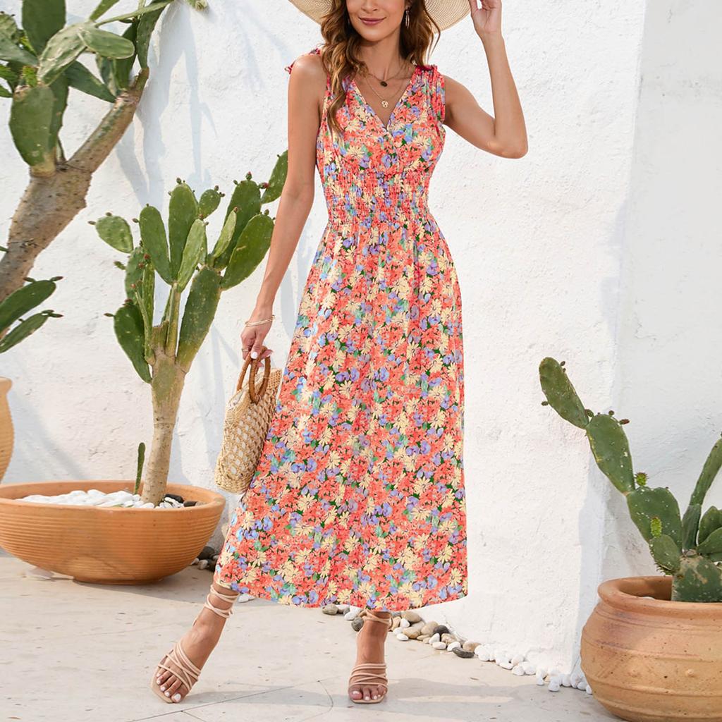 Women's Summer Floral Print Dress Fashion Sleeveless Beach Dress