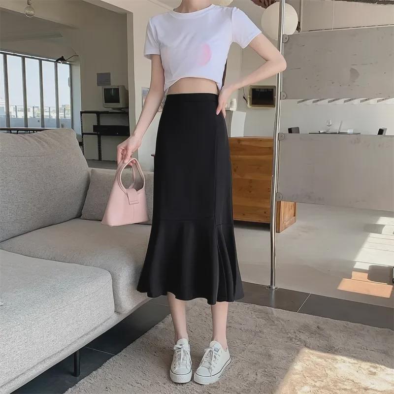 

Женская миди-юбка А-силуэта большого размера 2024: Эластичная талия, Необычный черный дизайн «рыбий хвост» M чёрный