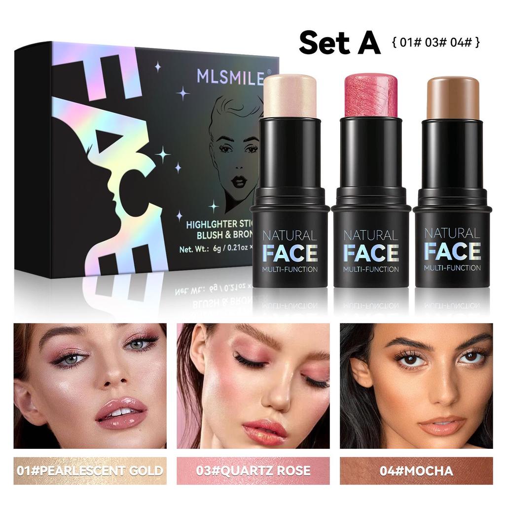 MLSMILE Contour & Highlight Stick Set: Concealer, Blush, Sculpting Shadow, Under-Eye Pen, Matte.