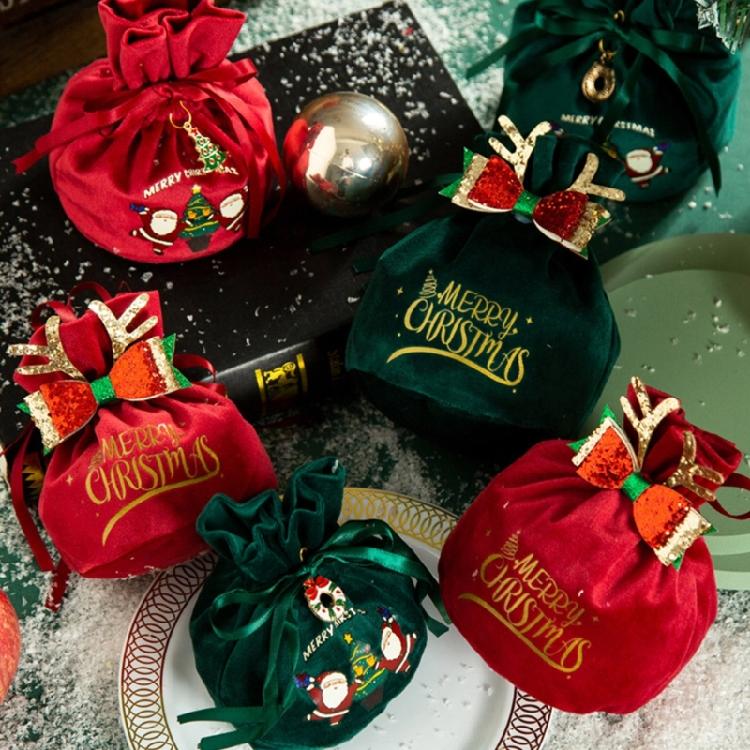 Christmas Velvet Cloth Gift Bag with Tie Ribbon Pouches Candy Biscuit Packaging