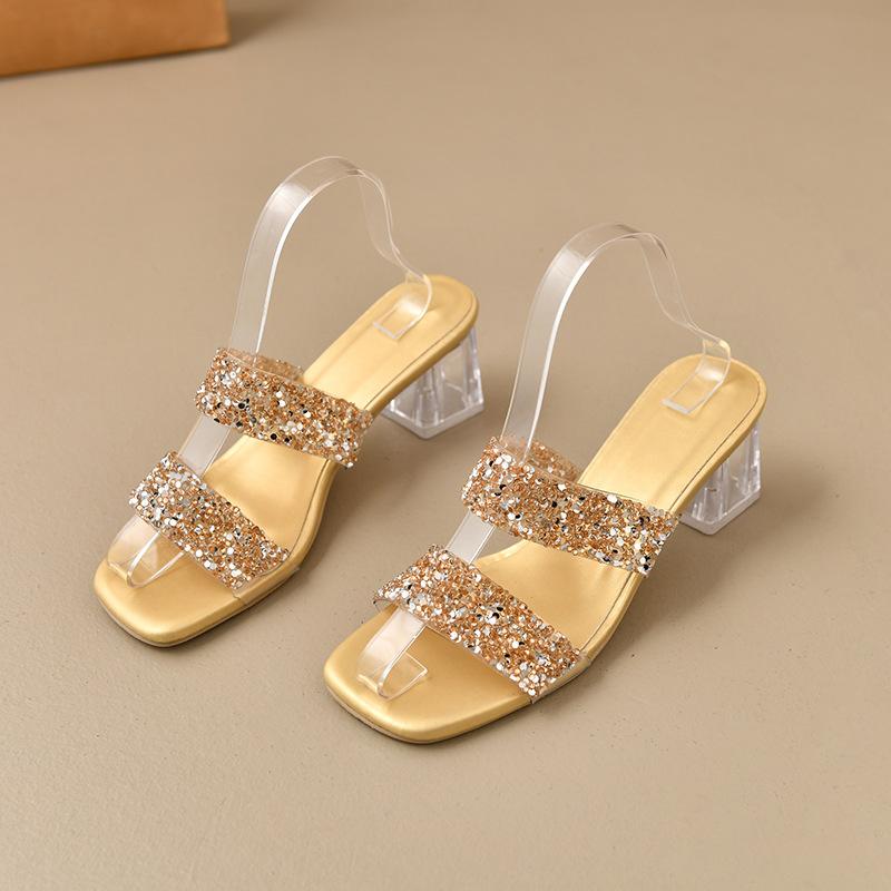 

2025 summer new rhinestone crystal heel square head word belt wear European and American high-heeled cool slippers anklet 35