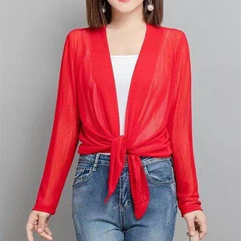 

Summer Pure Color All-Matching Long Sleeves Thin Ladieswear Short Small Shawl Coat Women s Outer Wear Sun Protection Cardigan with Skirt Big Red 5XL