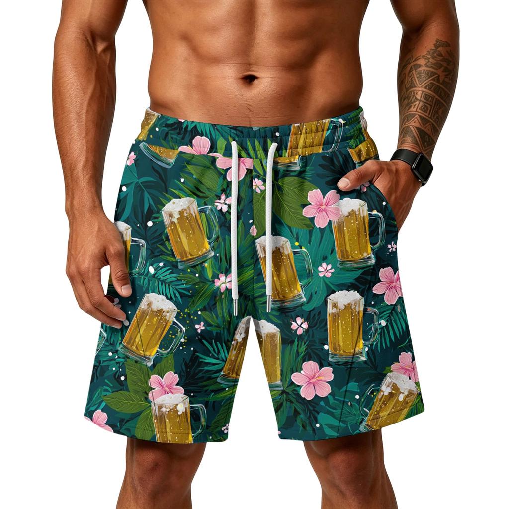 Men Layer Loose Fit Shorts with Pockets Sports Training Gym Beach Casual Shorts Printed Pattern Drawstring Waistband