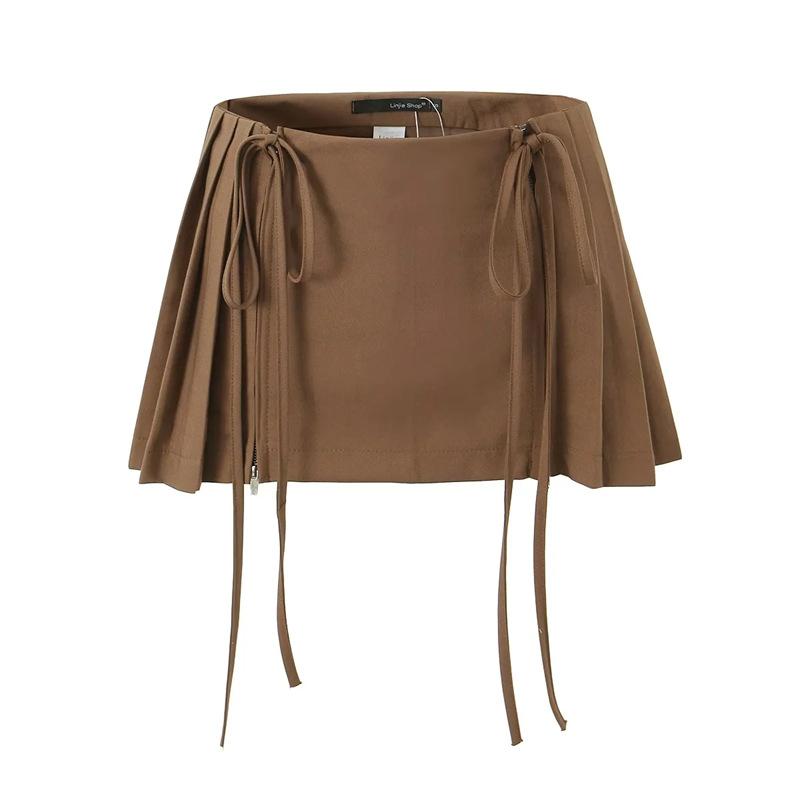 WTEMPO Girl's High Waist Double Drawstring Zipper Short Skirts Women's Solid All-match Pleated A-line Mini Skirts