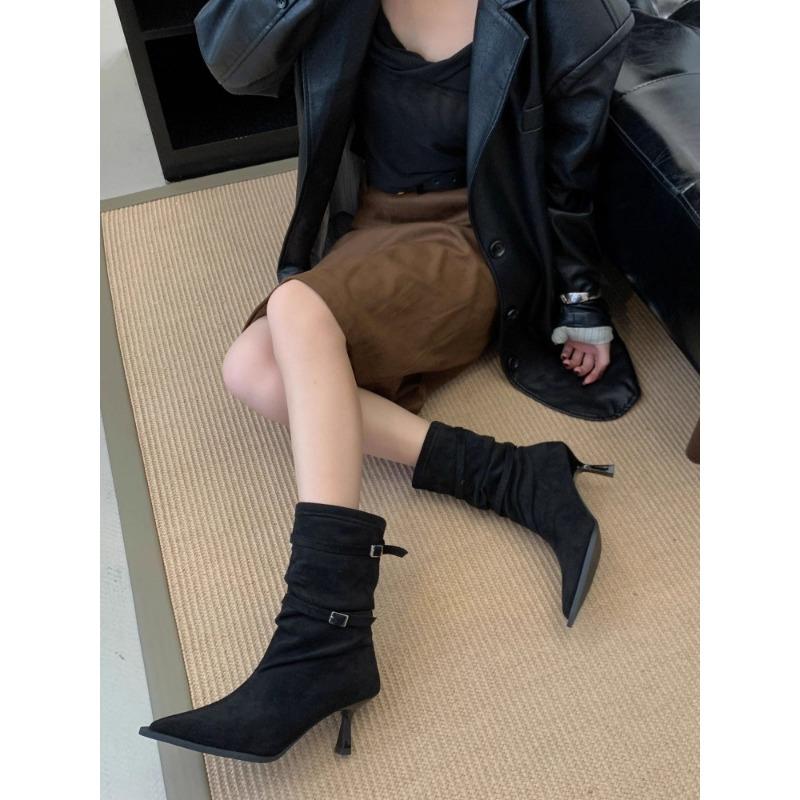 Autumn and winter new retro pointed thin heel short boots women's suede pleated piled boots high heel western boots