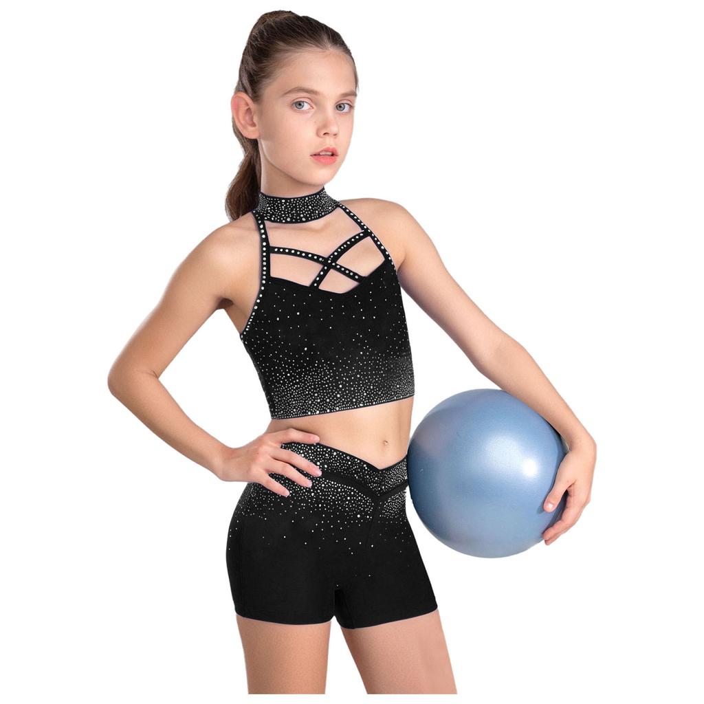 Dívčí gymnastický taneční set Bez rukávů Křížení vpředu Třpytivý crop top s kamínky Elastické šortky v pase