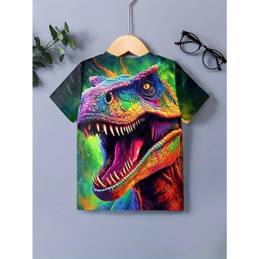 Vibrant Dinosaur Graphic Tee for Boys & Girls - Easy-Care, Stretchy & Durable for All-Season Fun | Casual Crew Neck with Contrast Collar