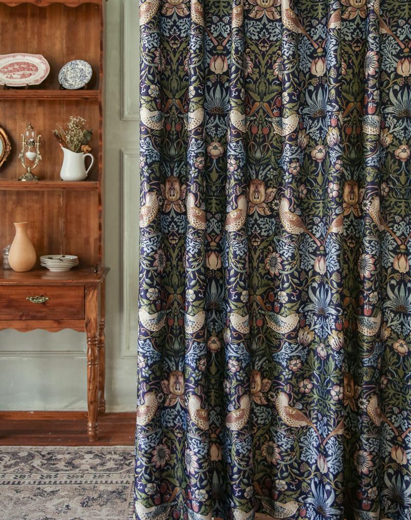 American Garden Flowers and Birds Green Thickened Cotton and Linen Curtains for Living Room Bedroom Balcony