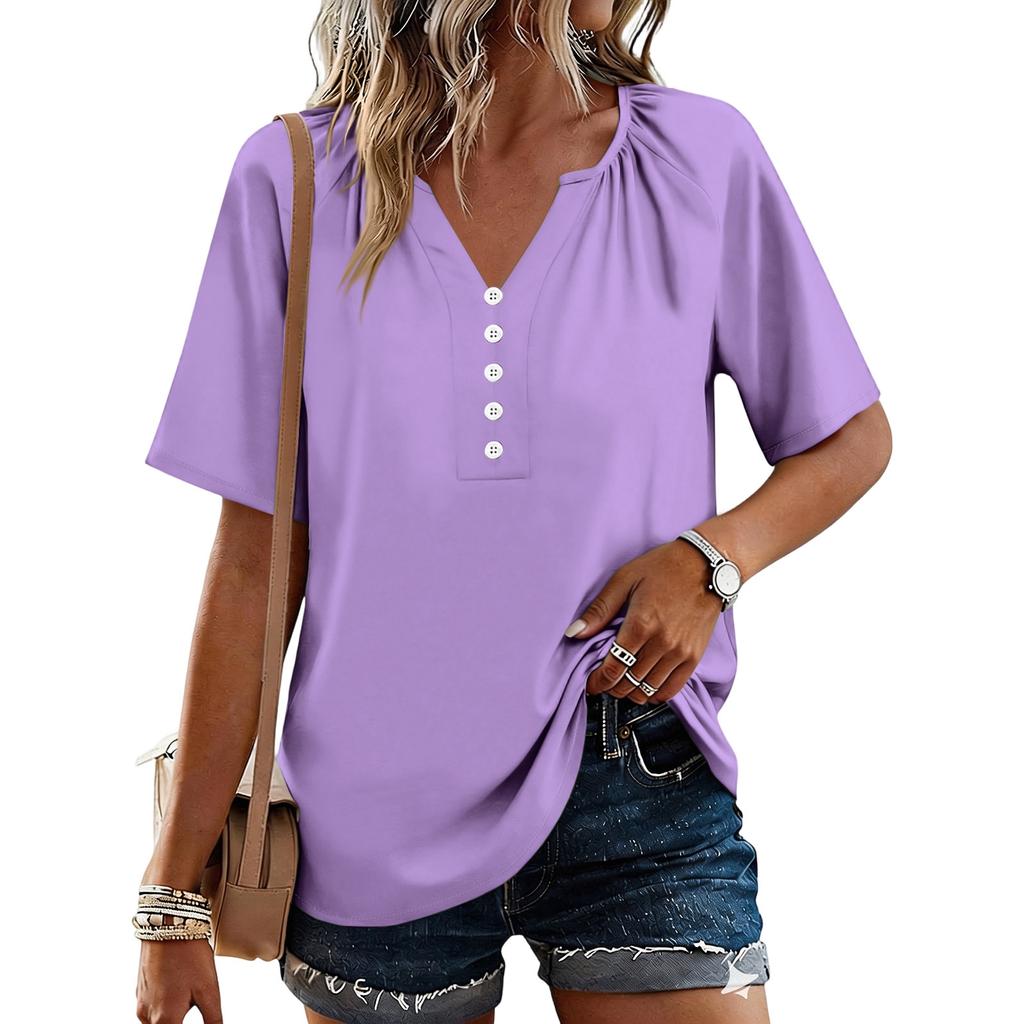 Women's Fashionable Casual Button V-neck Short-sleeved Top