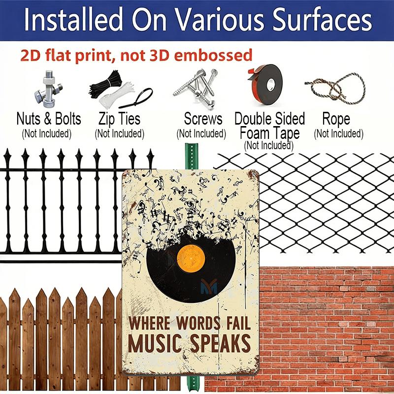 2D Flat, 1pc Vintage Metal Sign "Where Words Fail Music Speaks" - Music-Themed Wall Decor with Vinyl Record & Musical Notes - Aluminium Poster for