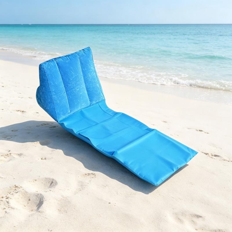 Inflatable Beach Lounges Cushion for Camping Breaks, Fold-Out Backrest Mat with Soft Flocking Leaning Support Pad