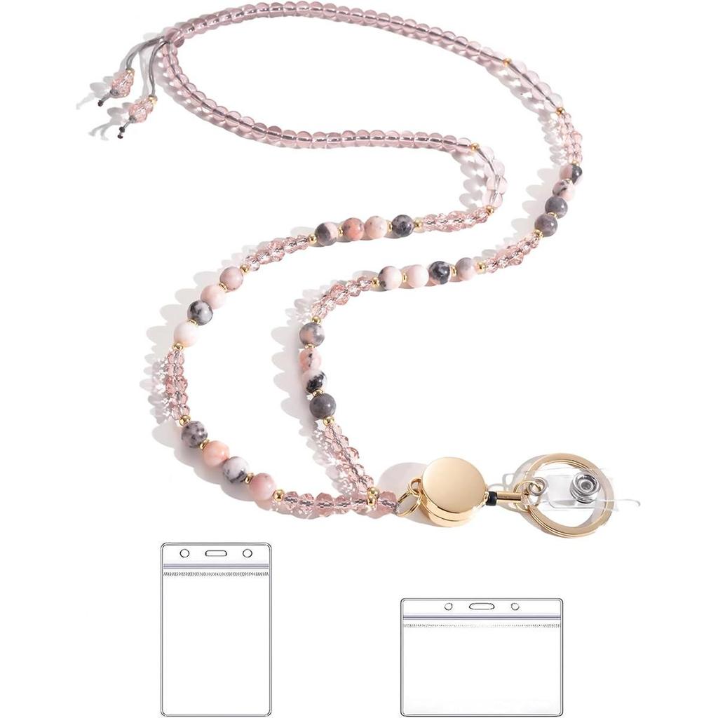 Retractable ID Card Lanyard with Natural Stone Crystal Necklace
