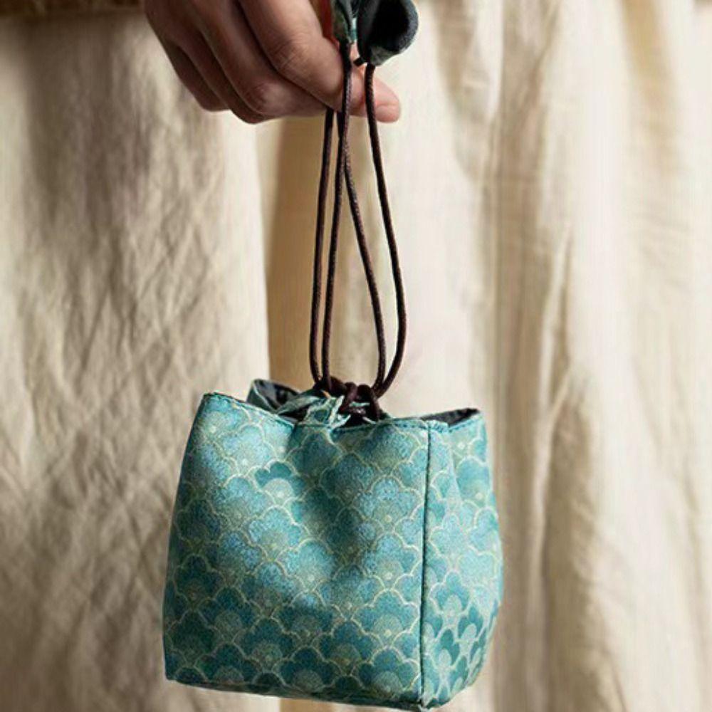 Breakage-proof Teacup Drawstring Cloth Pouch Print Embroidered Handbag Teaware Storage Bag  Purse