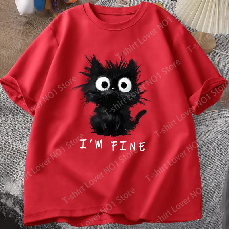 New Womens Cute Cat Pattern Graphic Short Sleeve TShirt Round Neck Casual Tshirt Tops Cool Im Fine Printed Female Tees Tops
