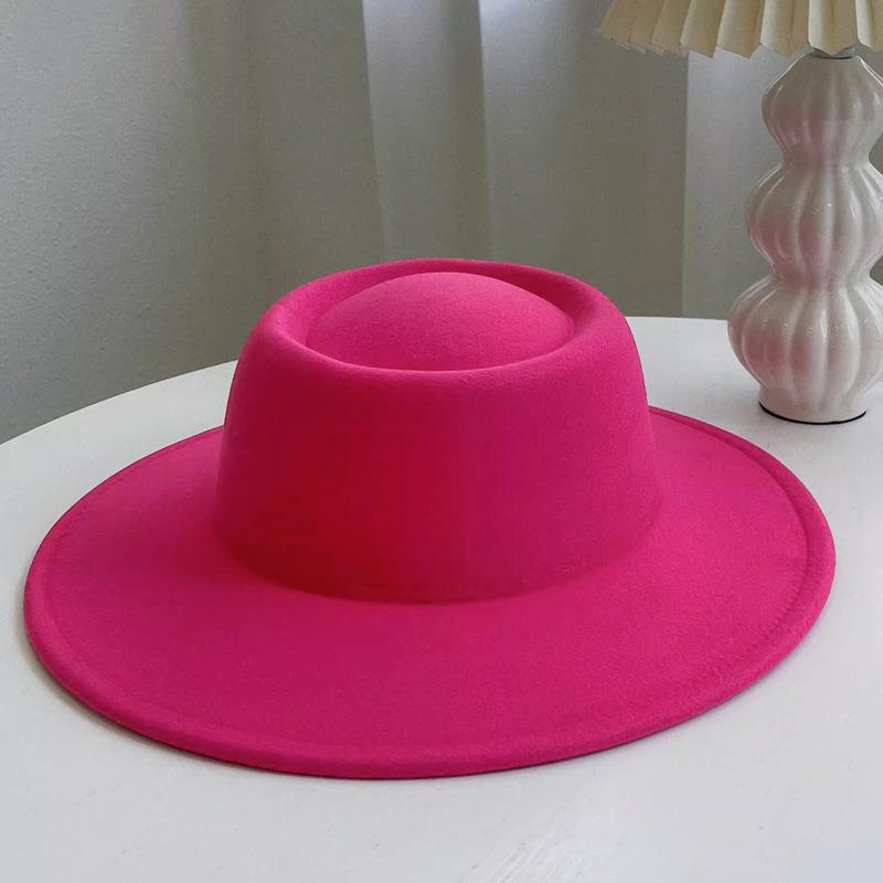 New Retro Imitation Wool Hat for Women Solid Color Versatile French Top Hat British Large Brim Dome Concave Felt Hat