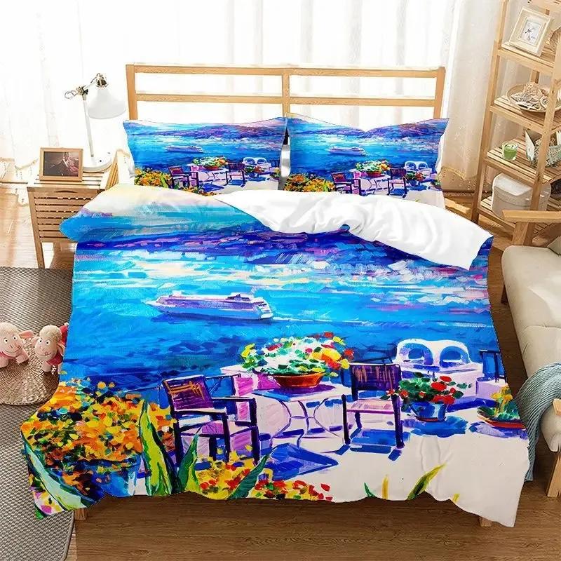 Oil Painting Landscape Duvet Cover King Queen Size Seaside Sunset Colorful Painted Style Art Print Polyester Comforter Cover