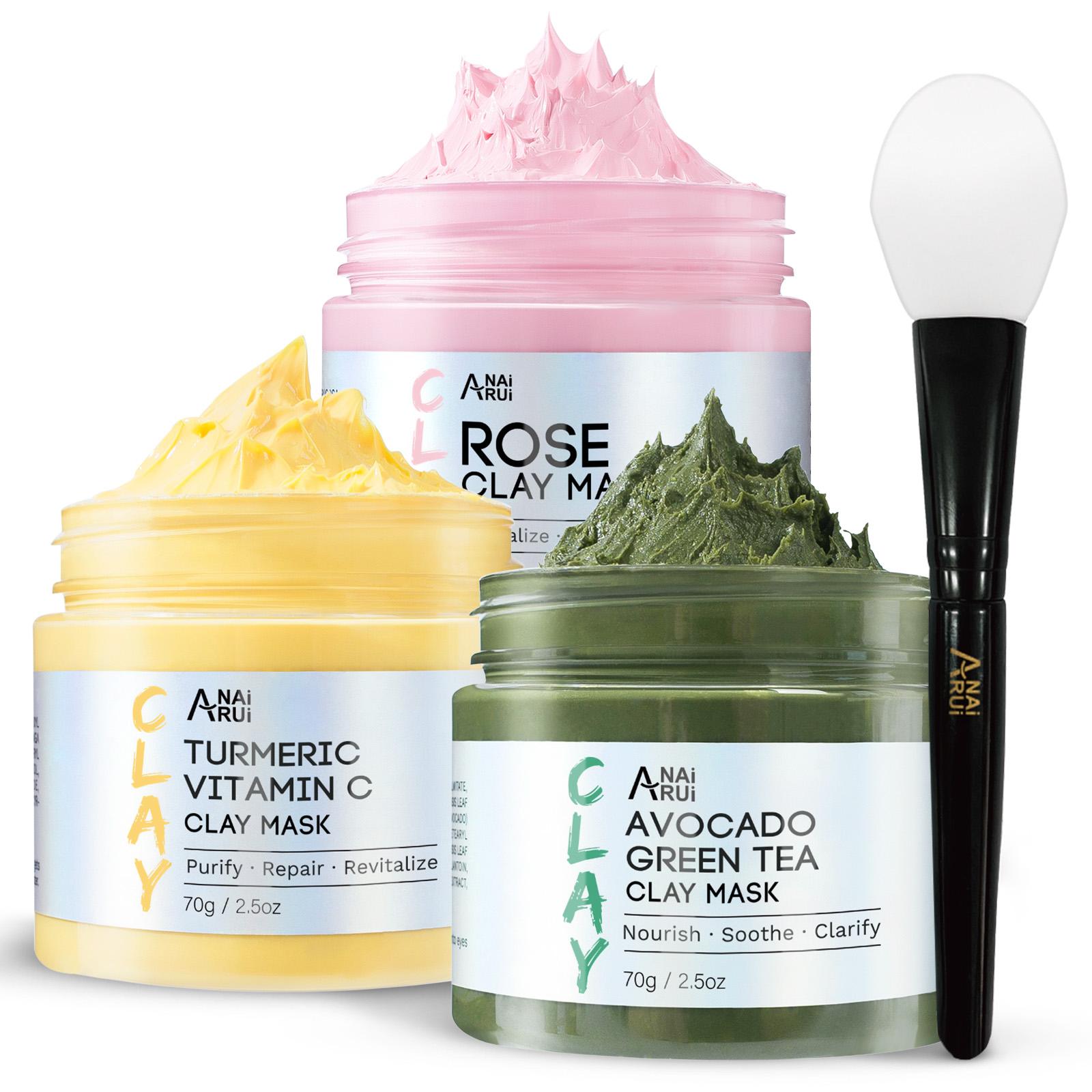 ANAiRUi Turmeric VC Rose Avocado Green Tea Mud Mask Set 210g, Deep Cleansing Oil Control Facial Skin Care Gift Set