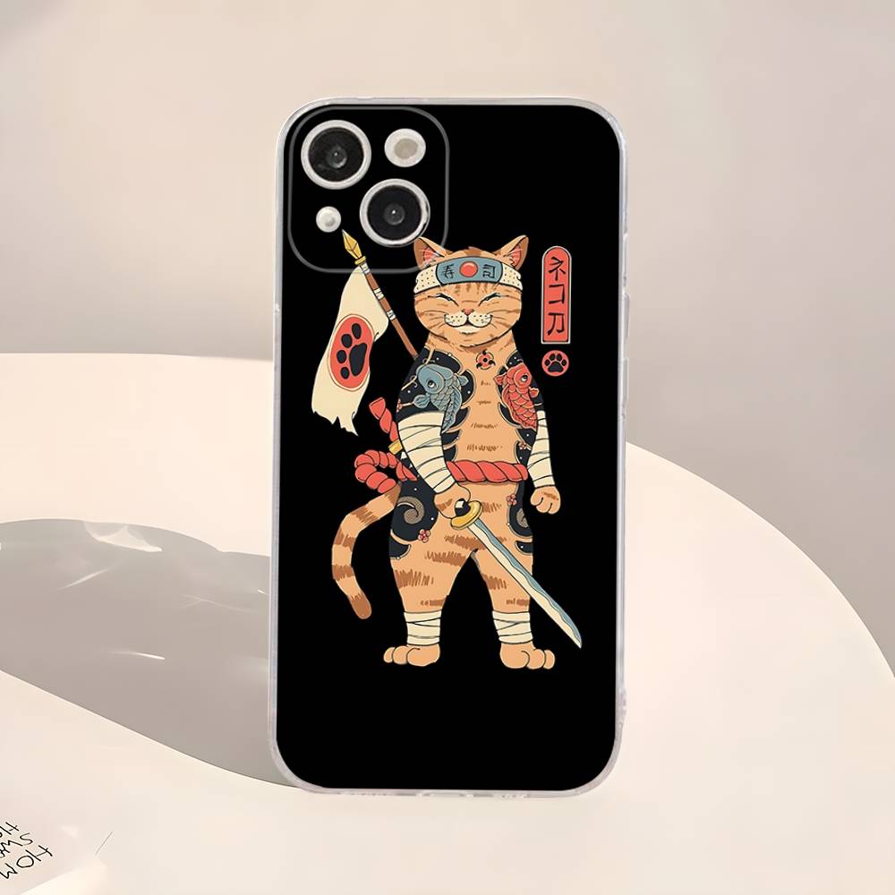 Japanese Samurai Cat Ramen Transparent Phone Case For IPhone 16 15 14 13 12 11 Pro Max Plus Soft Cover