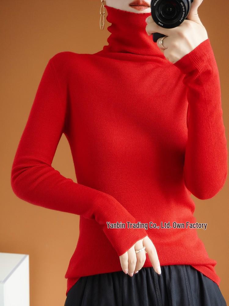 Women's Slim Fit High Neck Wool Sweater - Knitted, Autumn/Winter Collection